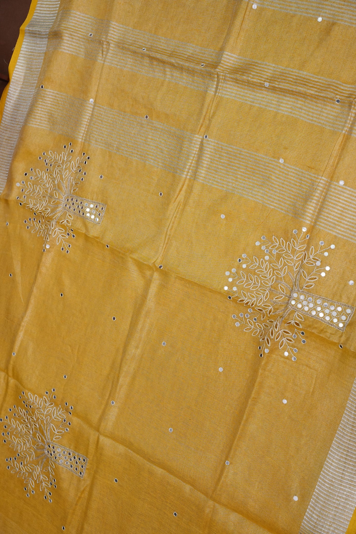 Hand Embroidered Pure Tissue Linen Silk Saree - Yellow