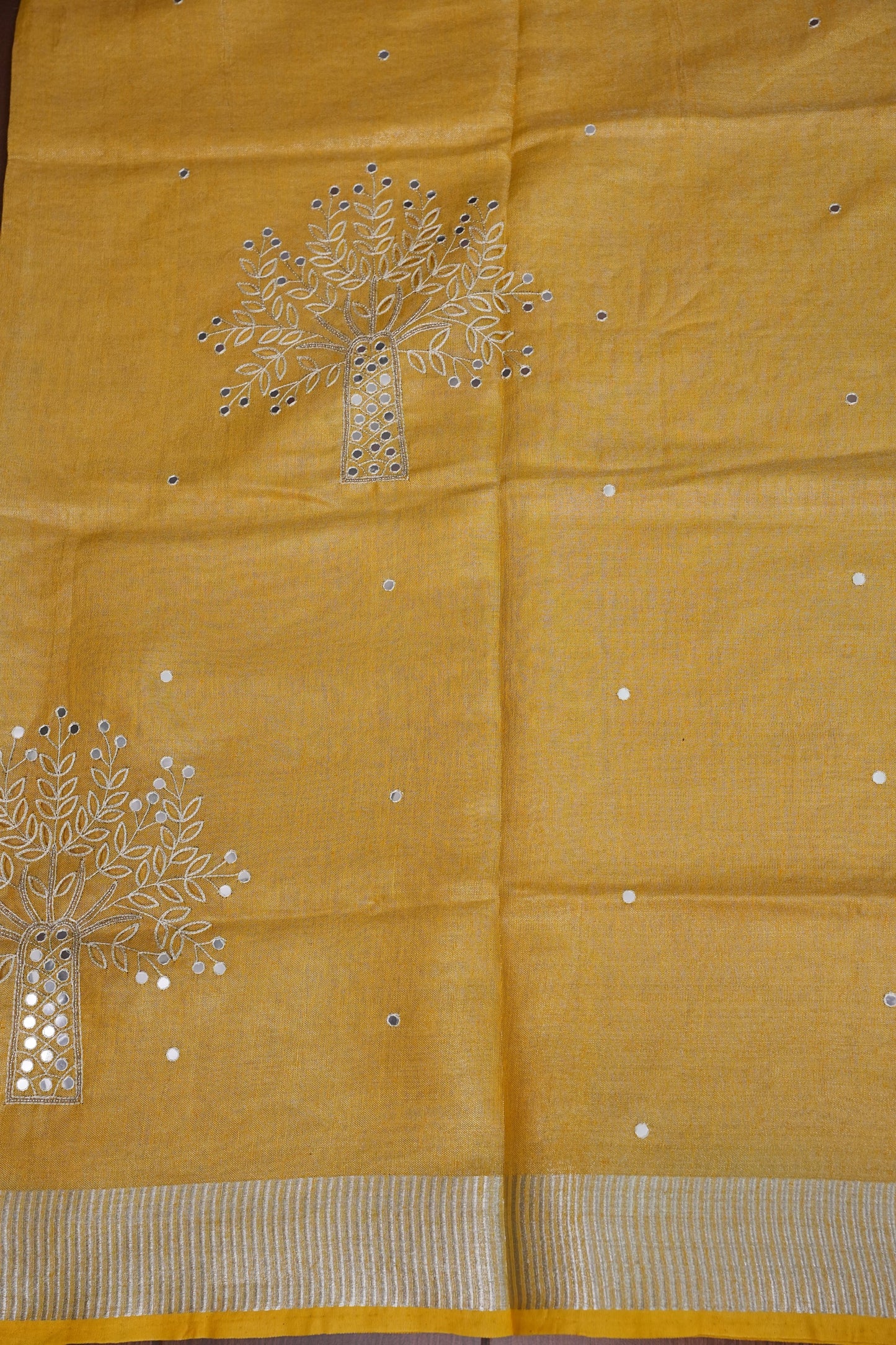 Hand Embroidered Pure Tissue Linen Silk Saree - Yellow