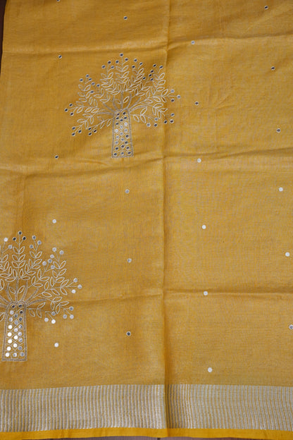Hand Embroidered Pure Tissue Linen Silk Saree - Yellow