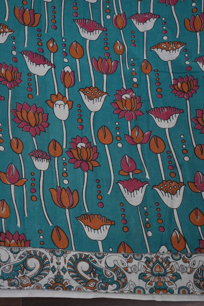Pure Cotton Saree with Digital Kalamkari Prints – Teal Blue & Rust Orange