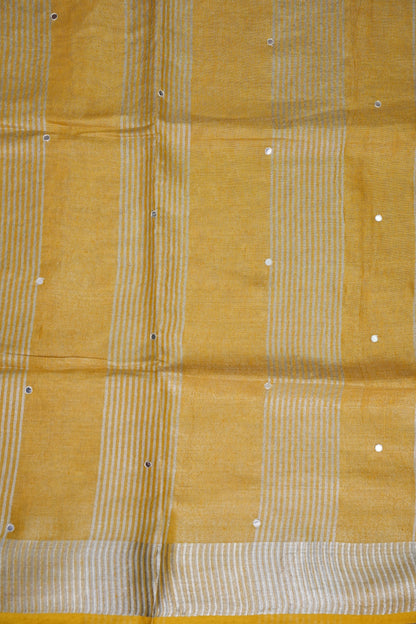 Hand Embroidered Pure Tissue Linen Silk Saree - Yellow
