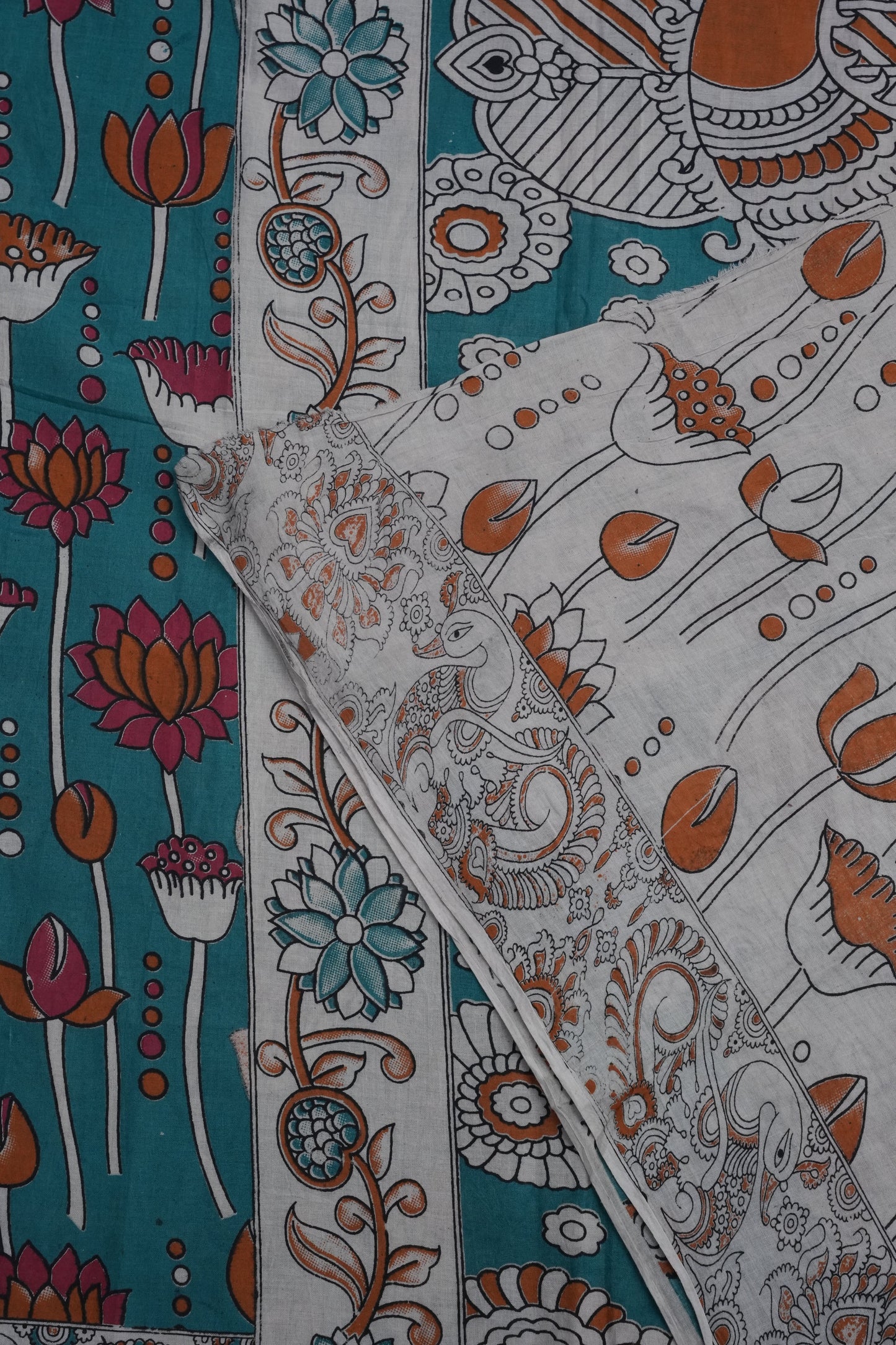 Pure Cotton Saree with Digital Kalamkari Prints – Teal Blue & Rust Orange