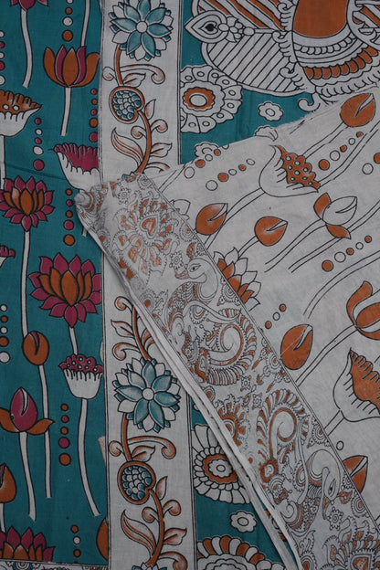 Pure Cotton Saree with Digital Kalamkari Prints – Teal Blue & Rust Orange
