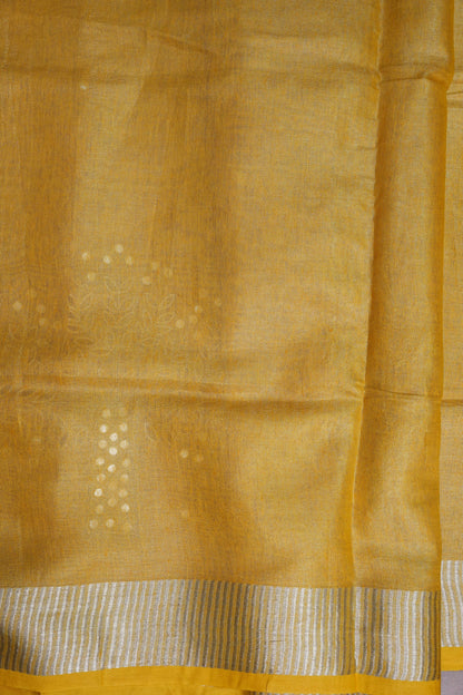 Hand Embroidered Pure Tissue Linen Silk Saree - Yellow