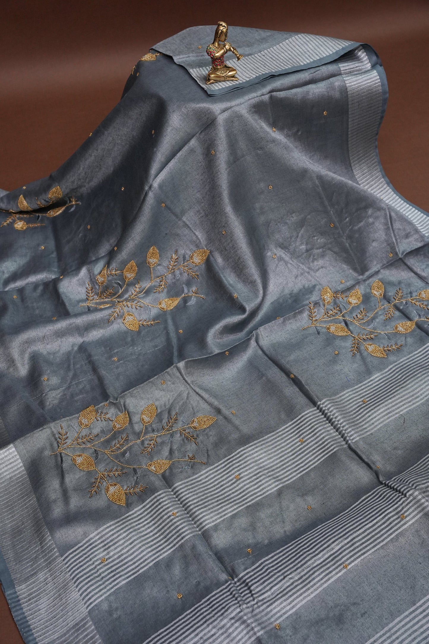 Hand Embroidered Pure Tissue Linen Silk Saree - Silver grey