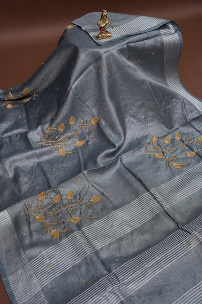 Hand Embroidered Pure Tissue Linen Silk Saree - Silver grey
