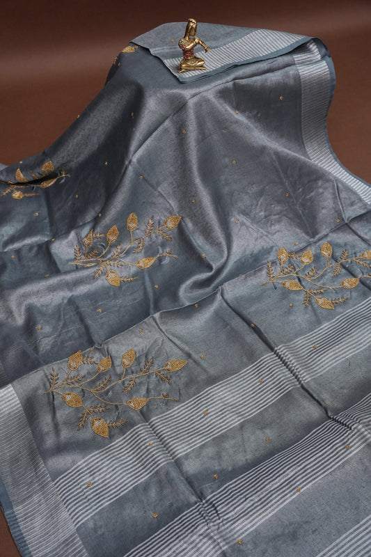 Hand Embroidered Pure Tissue Linen Silk Saree - Silver grey
