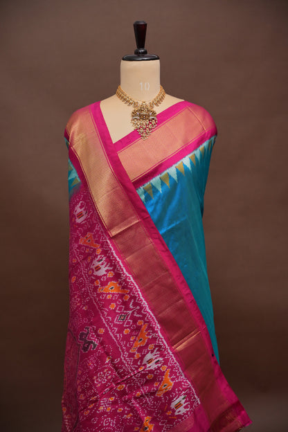 Pure Ikkat Soft Silk Saree - Teal Blue & Rani Pink