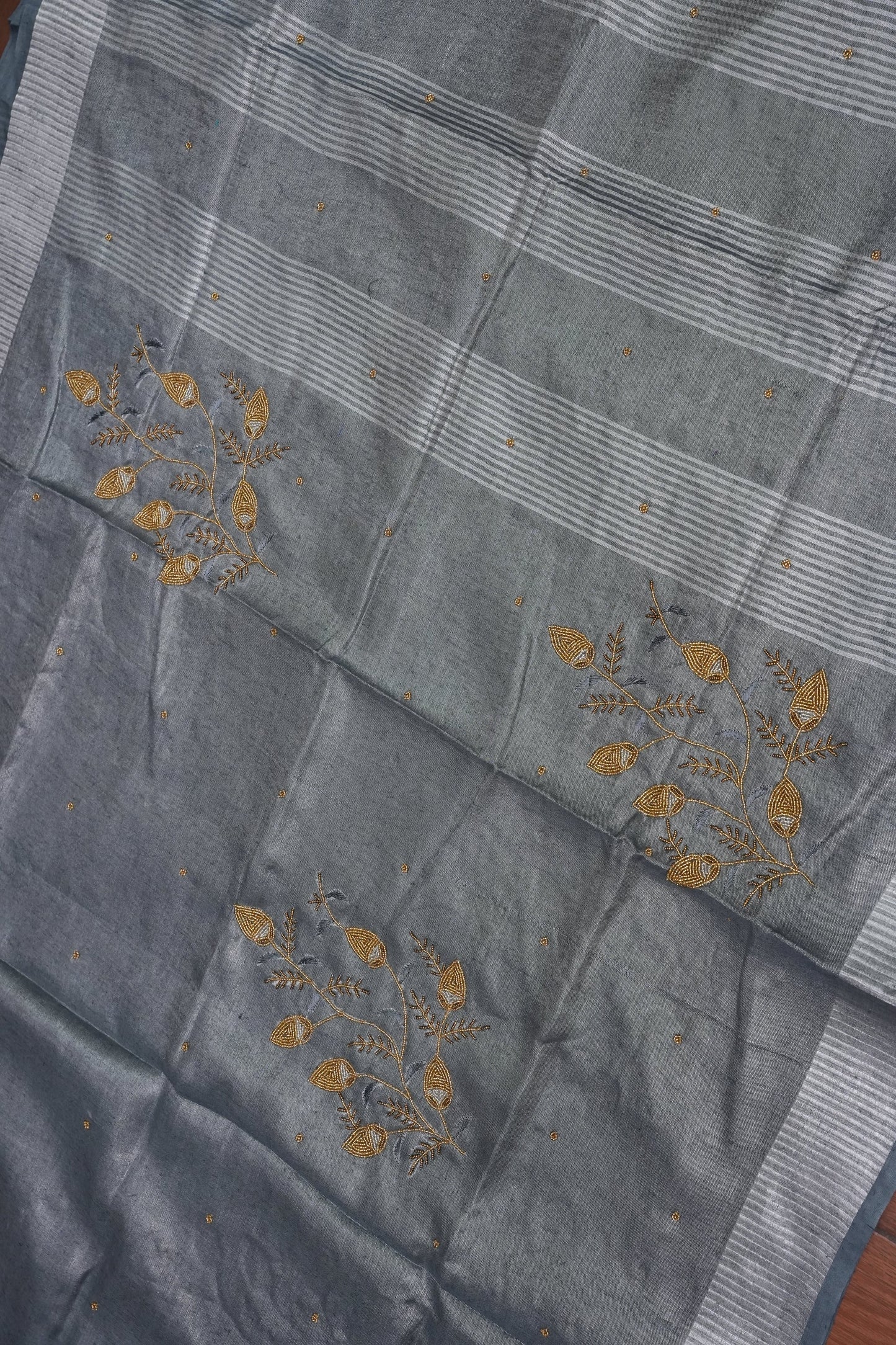 Hand Embroidered Pure Tissue Linen Silk Saree - Silver grey