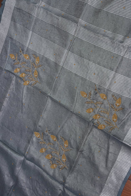 Hand Embroidered Pure Tissue Linen Silk Saree - Silver grey
