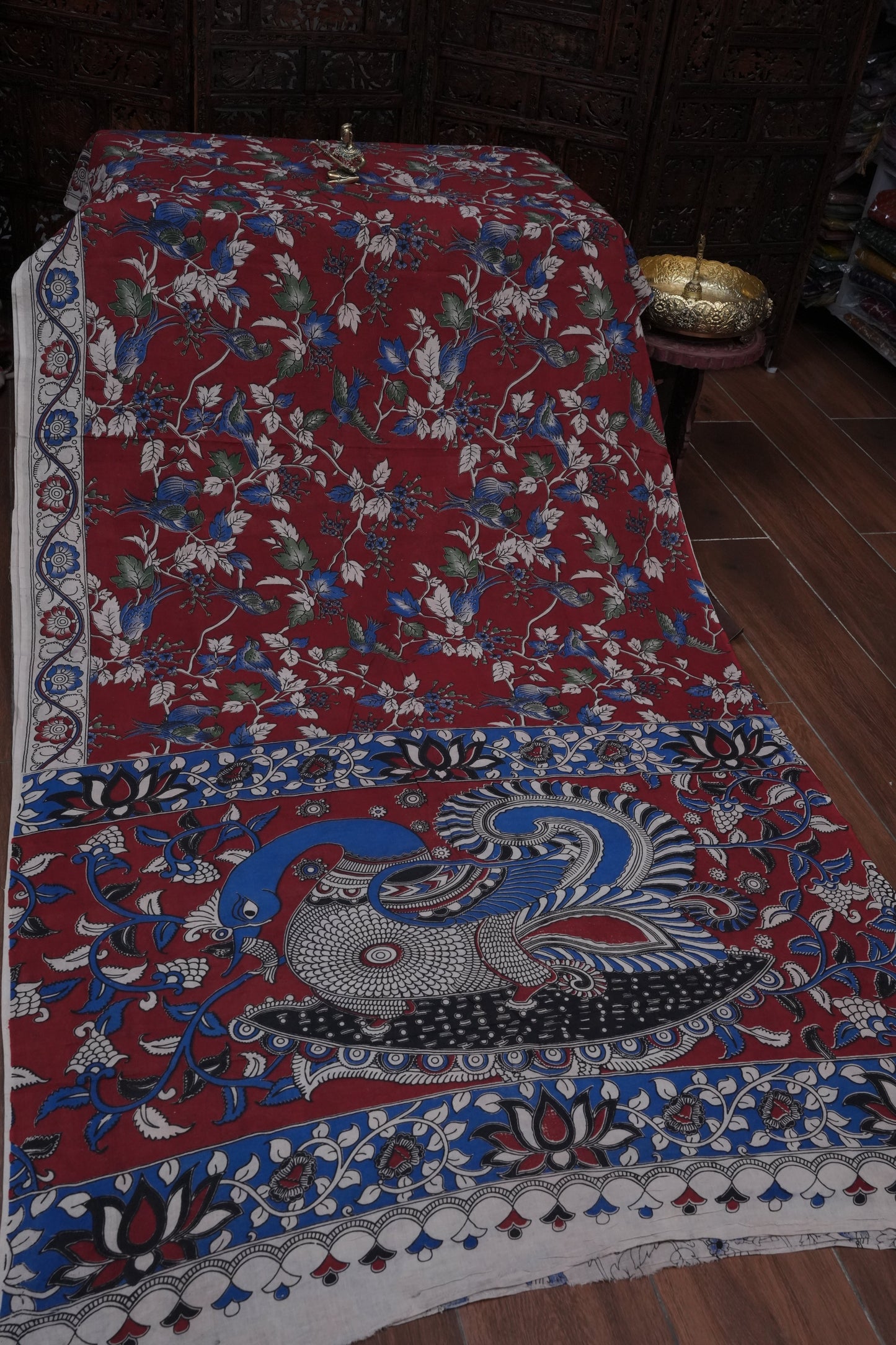 Pure Cotton Saree with Digital Kalamkari Prints – Maroon & Royal Blue