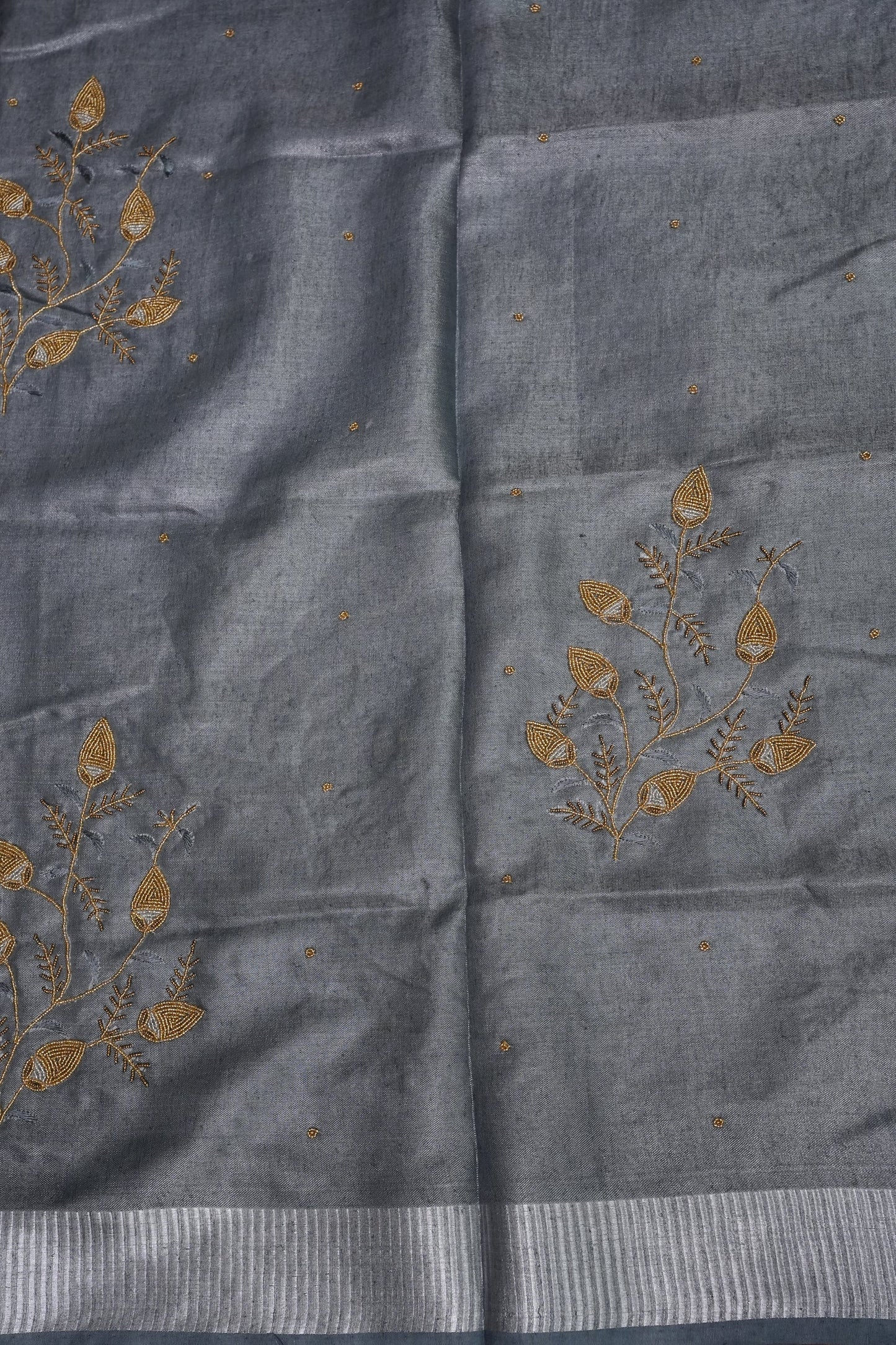 Hand Embroidered Pure Tissue Linen Silk Saree - Silver grey