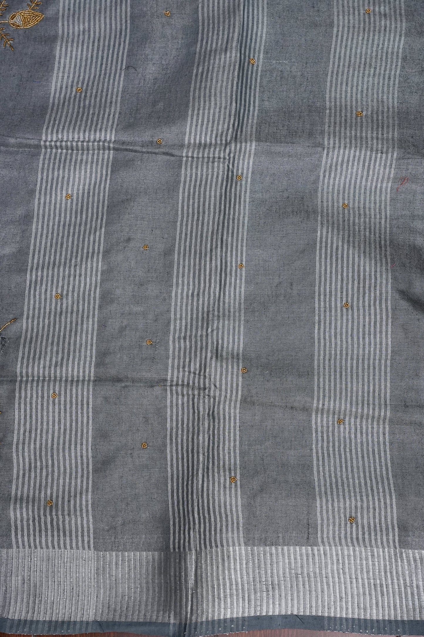 Hand Embroidered Pure Tissue Linen Silk Saree - Silver grey