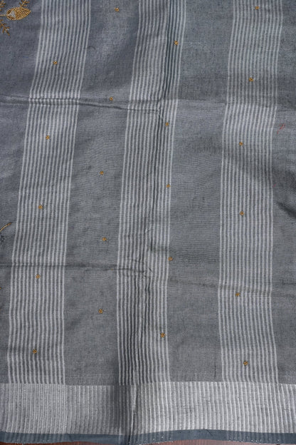 Hand Embroidered Pure Tissue Linen Silk Saree - Silver grey
