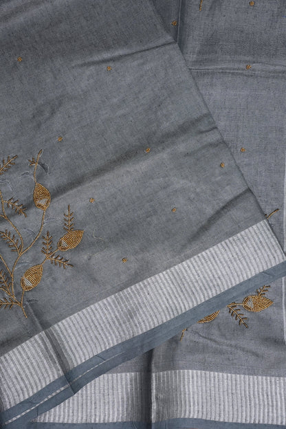 Hand Embroidered Pure Tissue Linen Silk Saree - Silver grey