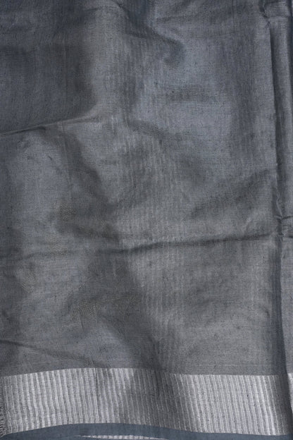 Hand Embroidered Pure Tissue Linen Silk Saree - Silver grey