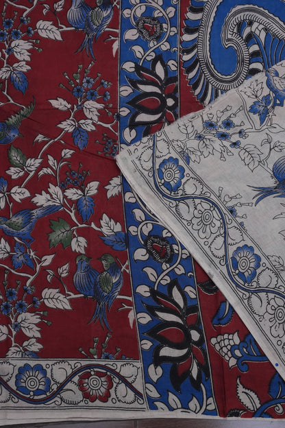 Pure Cotton Saree with Digital Kalamkari Prints – Maroon & Royal Blue