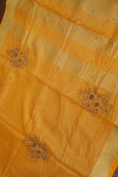 Hand Embroidered Pure Tissue Linen Silk Saree - Mustard Yellow