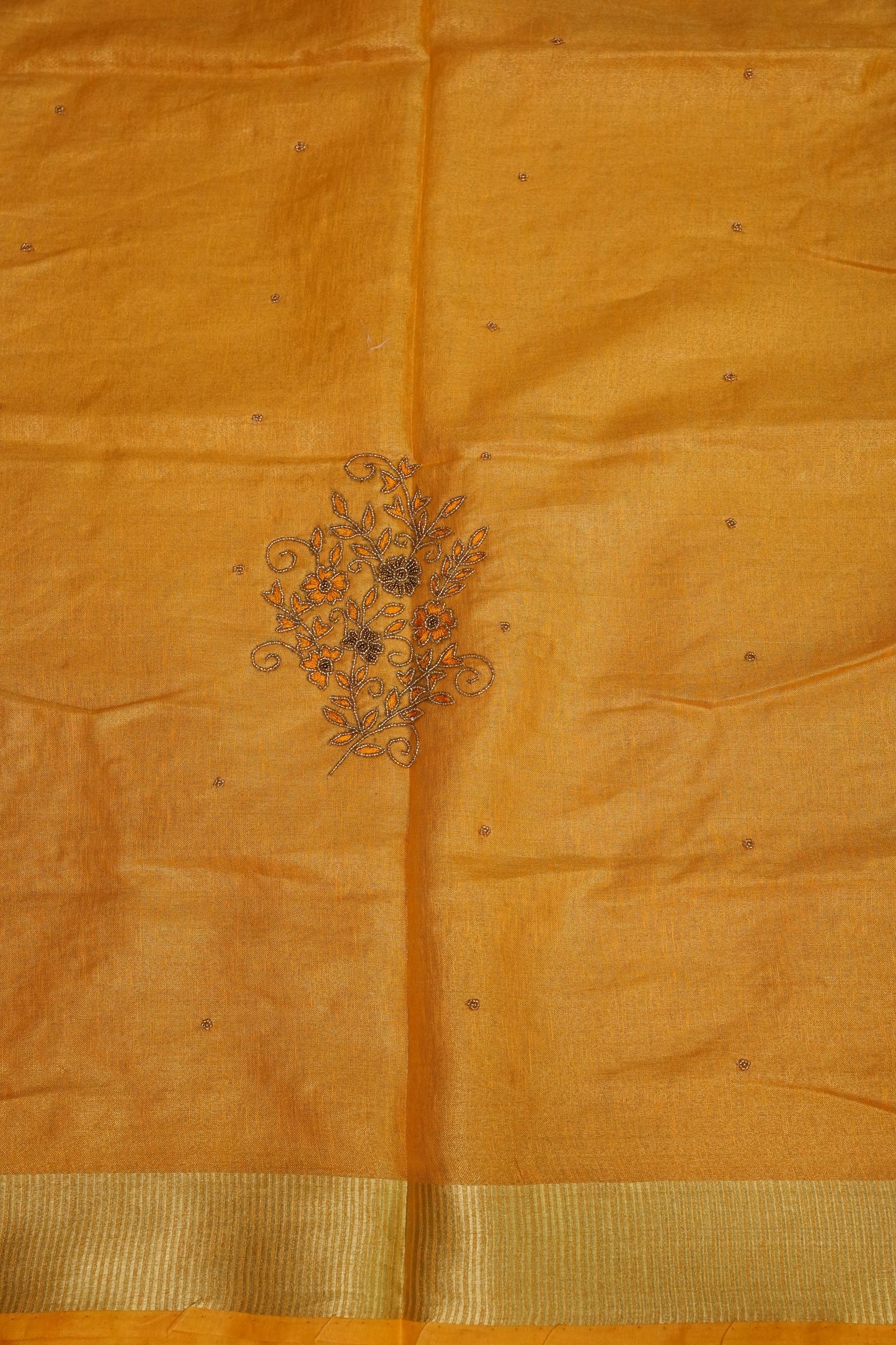 Hand Embroidered Pure Tissue Linen Silk Saree - Mustard Yellow