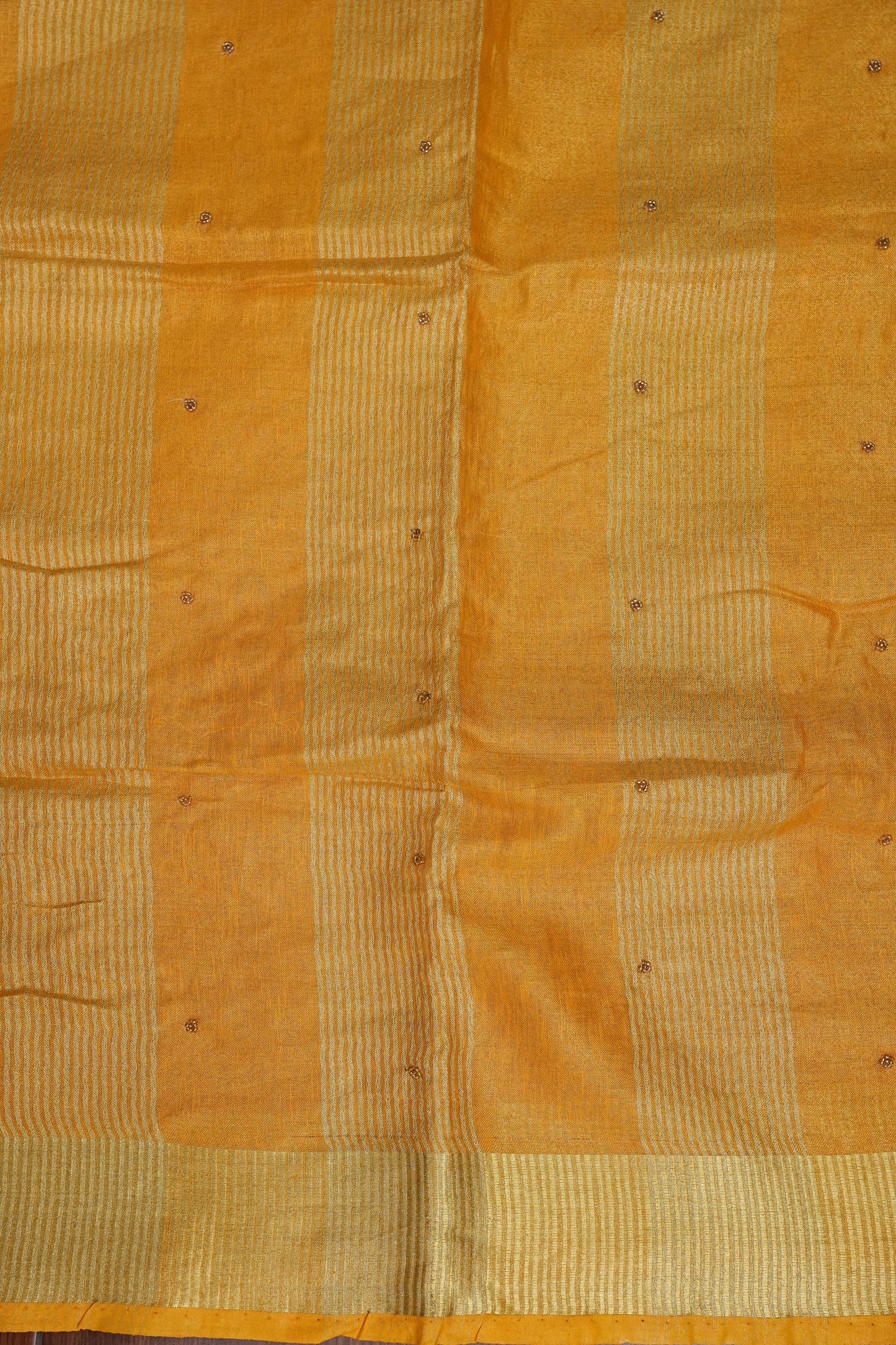 Hand Embroidered Pure Tissue Linen Silk Saree - Mustard Yellow