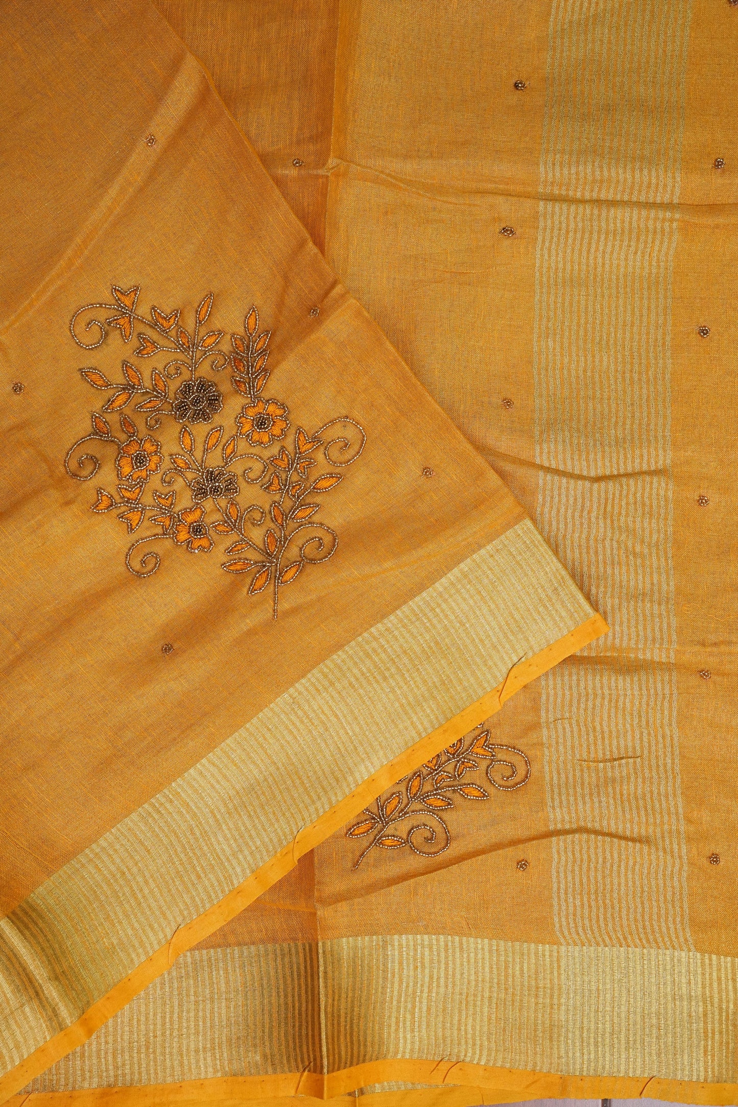 Hand Embroidered Pure Tissue Linen Silk Saree - Mustard Yellow
