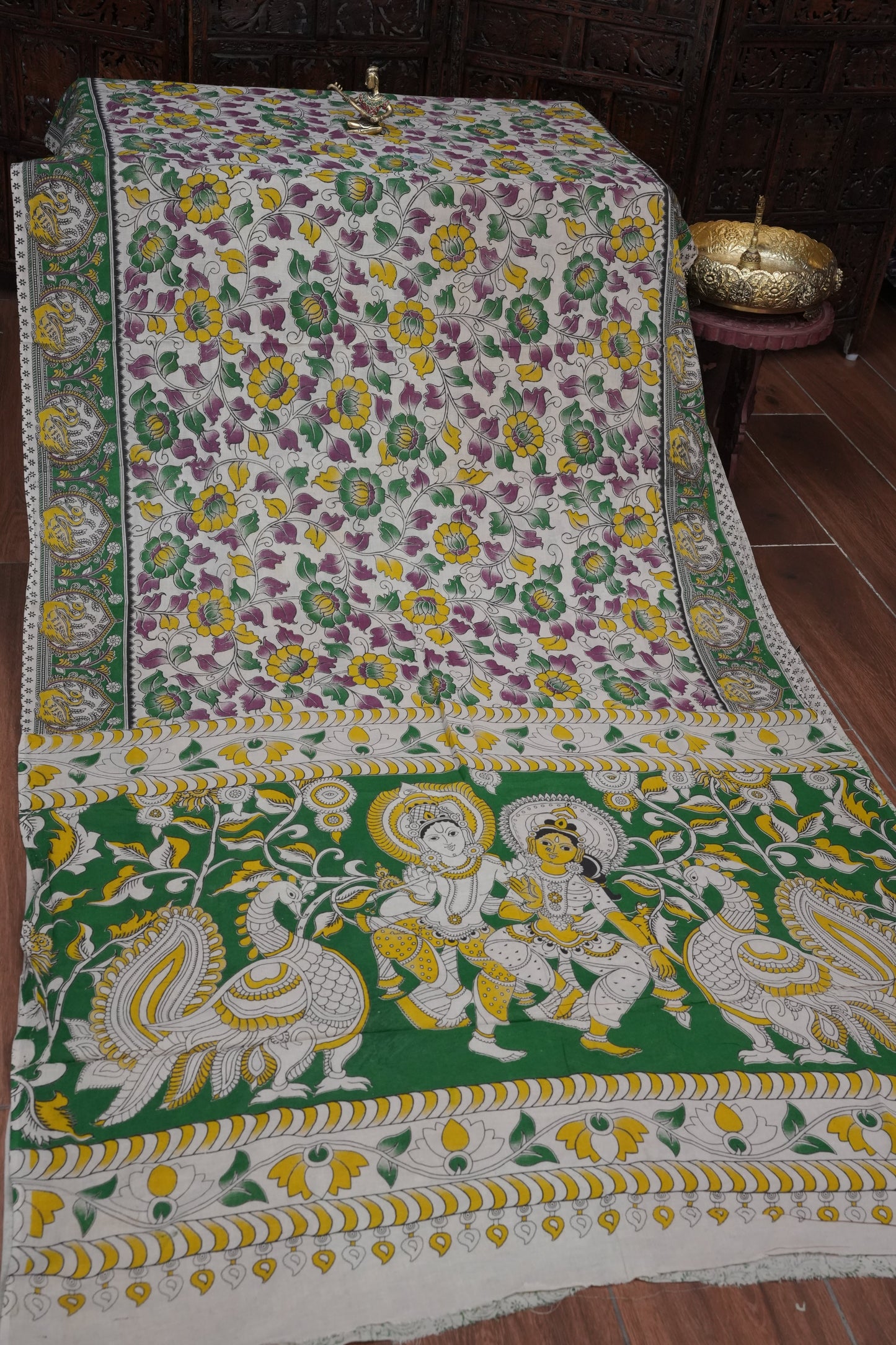 Pure Cotton Saree with Digital Kalamkari Prints – Ivory, Green & Mustard Yellow