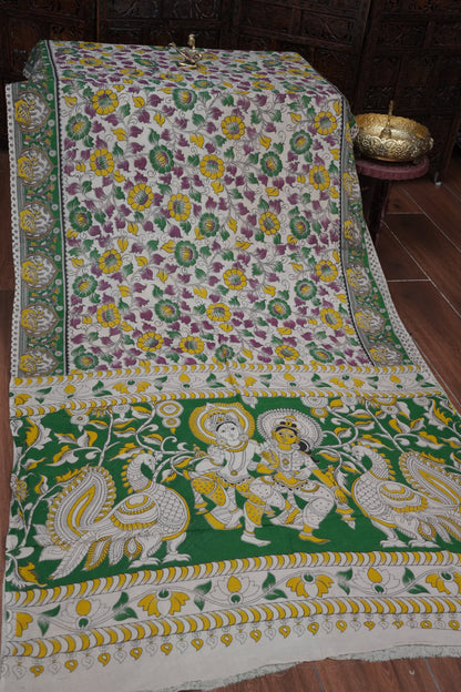 Pure Cotton Saree with Digital Kalamkari Prints – Ivory, Green & Mustard Yellow