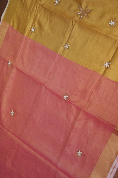 Hand Embroidered Pure Tissue Linen Silk Saree - Onion Pink & Gold