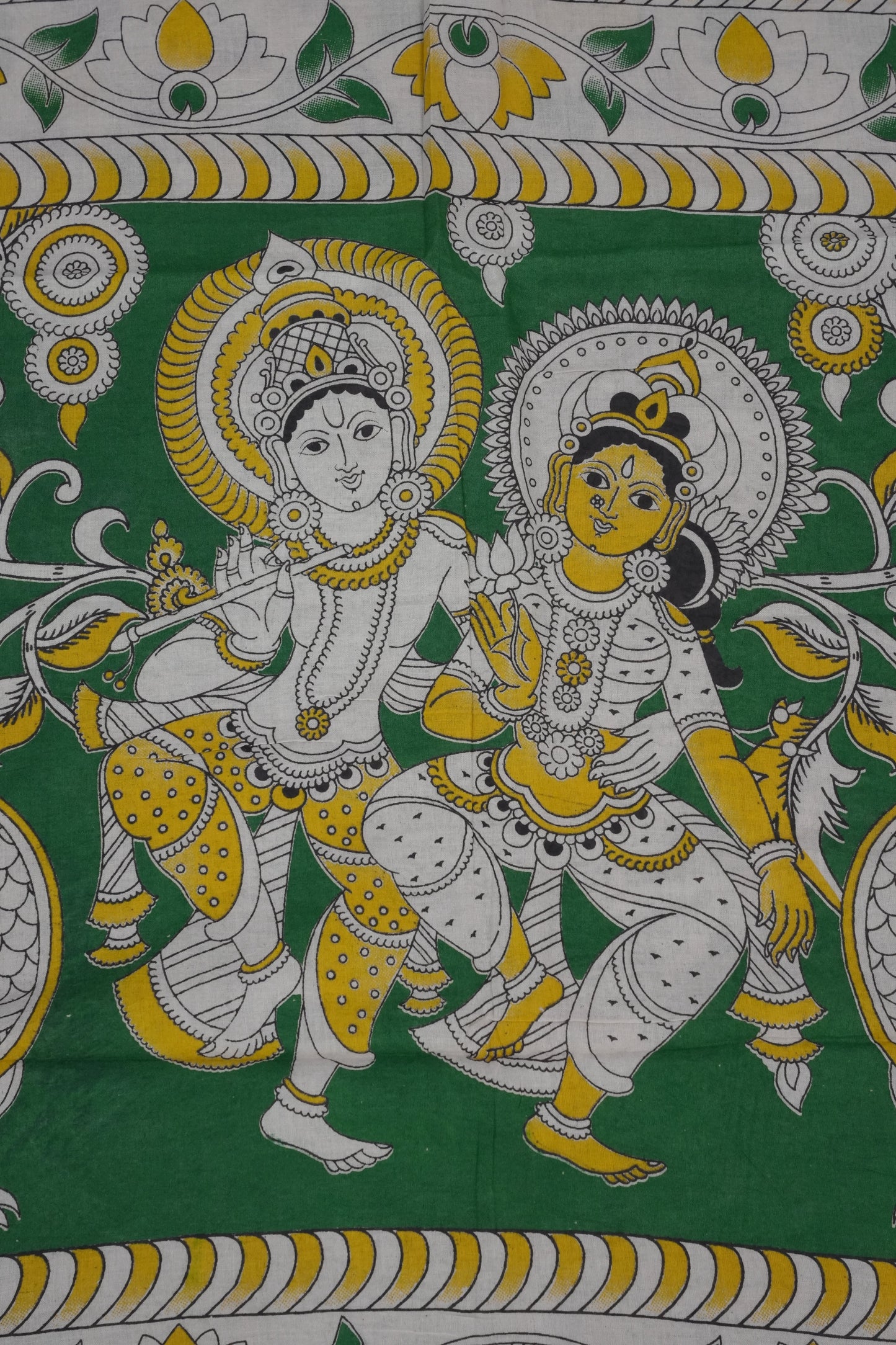 Pure Cotton Saree with Digital Kalamkari Prints – Ivory, Green & Mustard Yellow