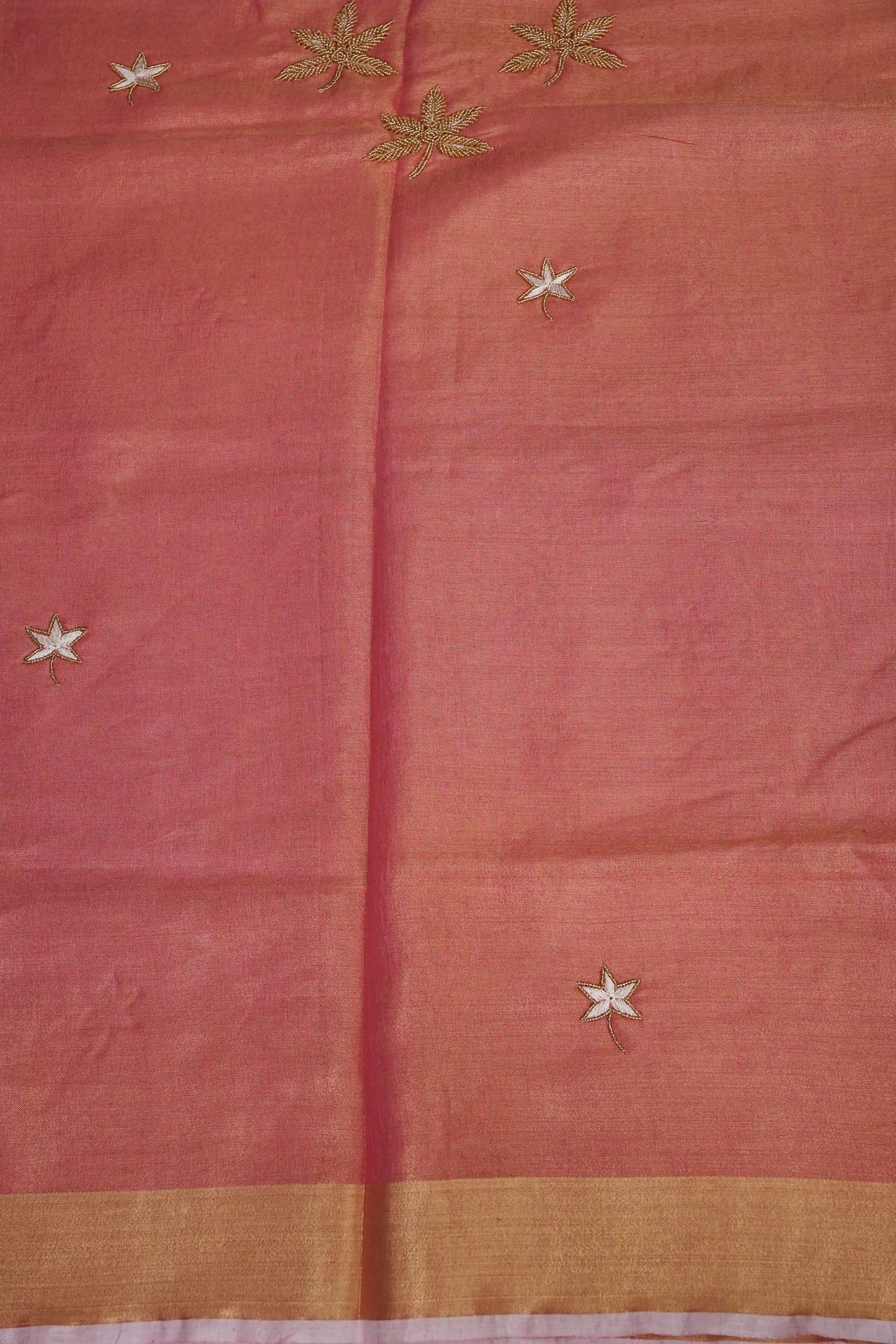 Hand Embroidered Pure Tissue Linen Silk Saree - Onion Pink & Gold