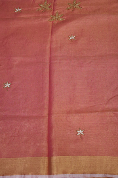 Hand Embroidered Pure Tissue Linen Silk Saree - Onion Pink & Gold