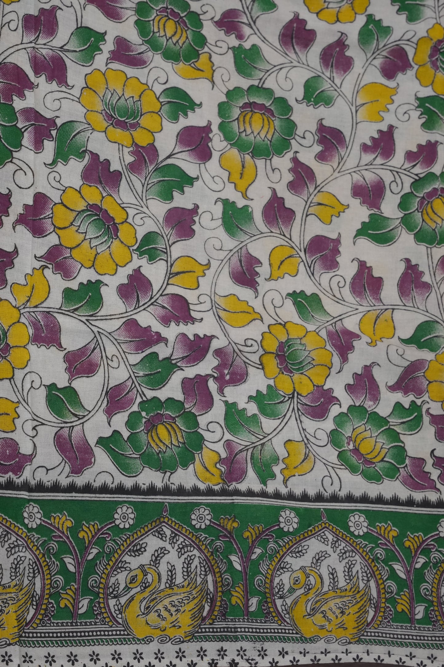 Pure Cotton Saree with Digital Kalamkari Prints – Ivory, Green & Mustard Yellow