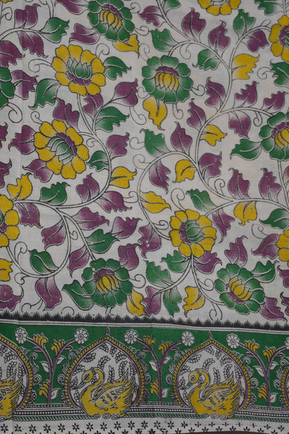Pure Cotton Saree with Digital Kalamkari Prints – Ivory, Green & Mustard Yellow