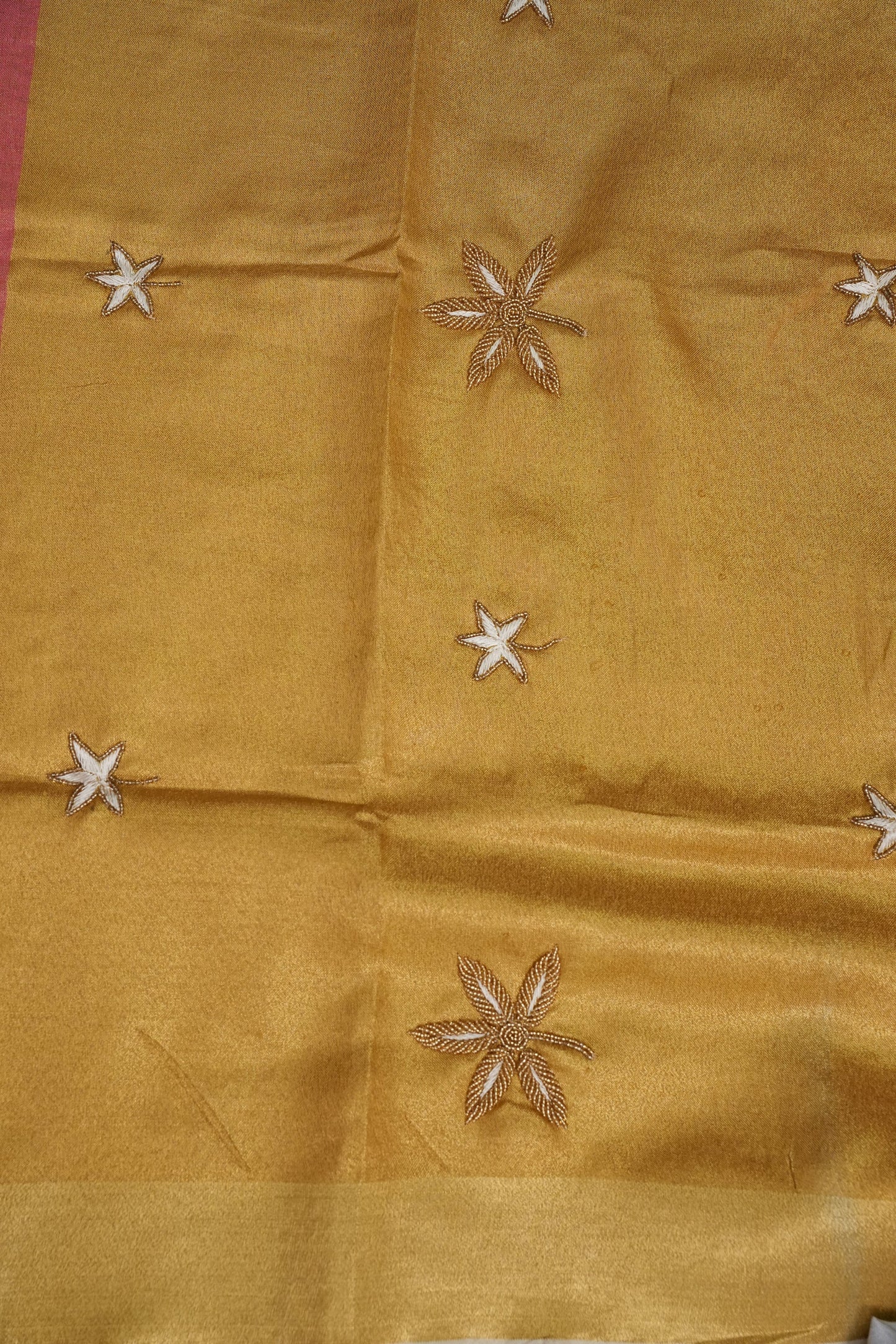 Hand Embroidered Pure Tissue Linen Silk Saree - Onion Pink & Gold
