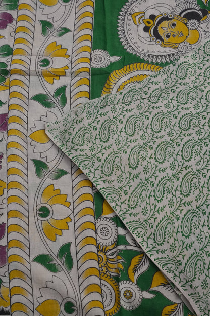 Pure Cotton Saree with Digital Kalamkari Prints – Ivory, Green & Mustard Yellow