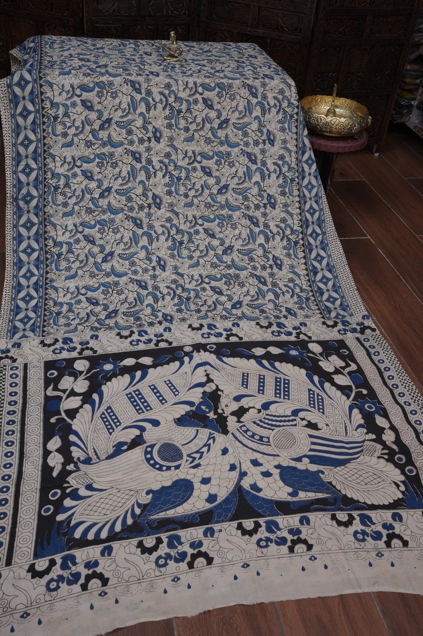 Pure Cotton Saree with Digital Kalamkari Prints – Ivory, Black & Royal Blue