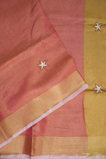 Hand Embroidered Pure Tissue Linen Silk Saree - Onion Pink & Gold