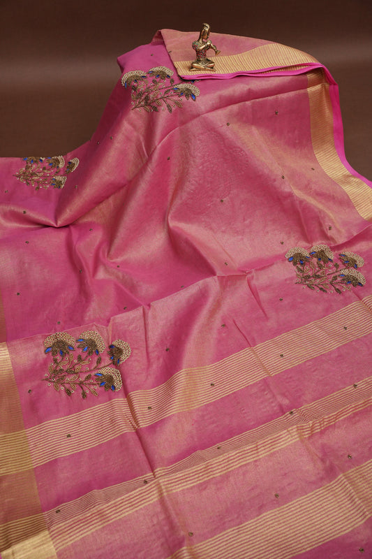 Hand Embroidered Pure Tissue Linen Silk Saree - Blush Pink