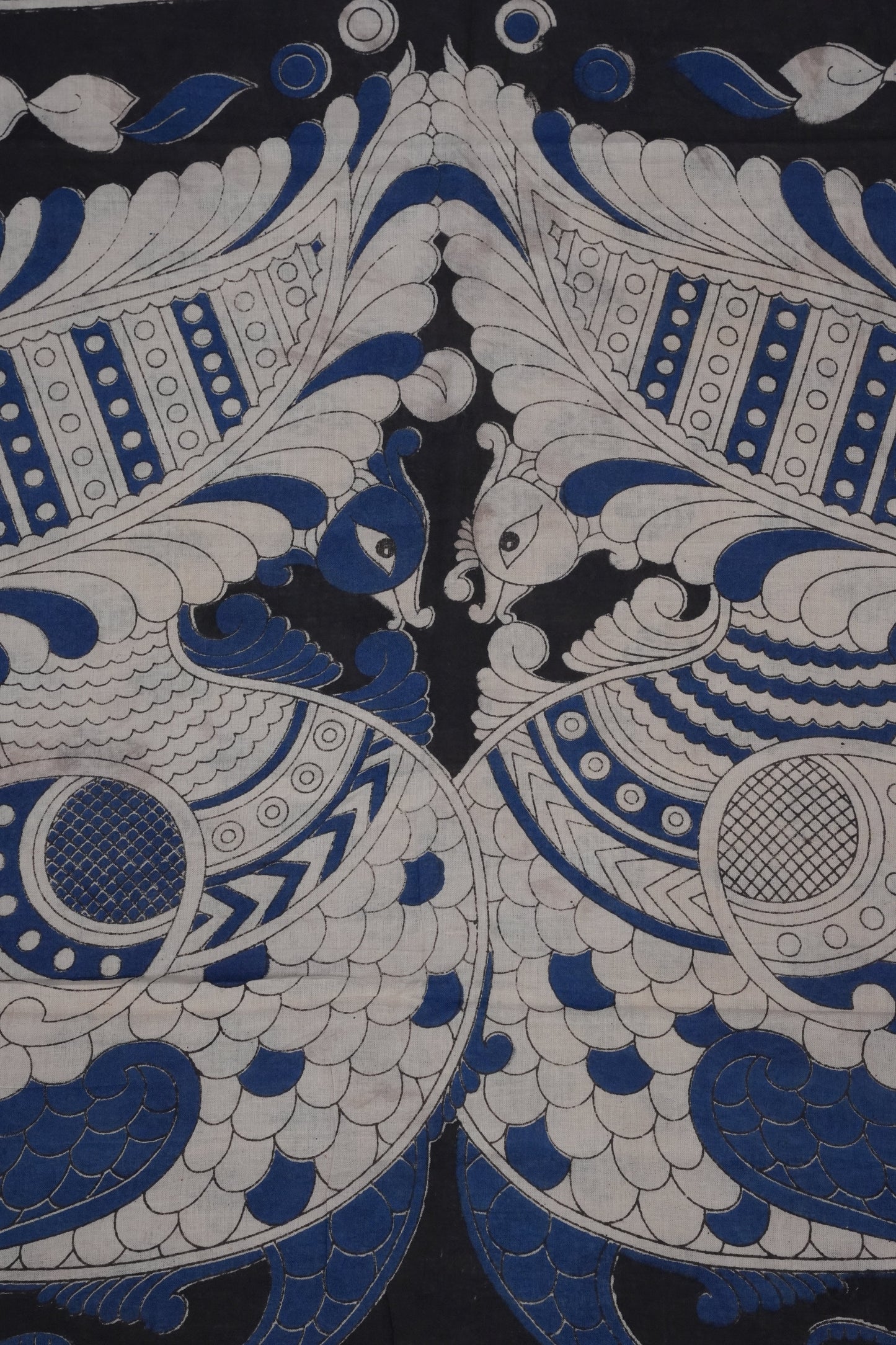 Pure Cotton Saree with Digital Kalamkari Prints – Ivory, Black & Royal Blue