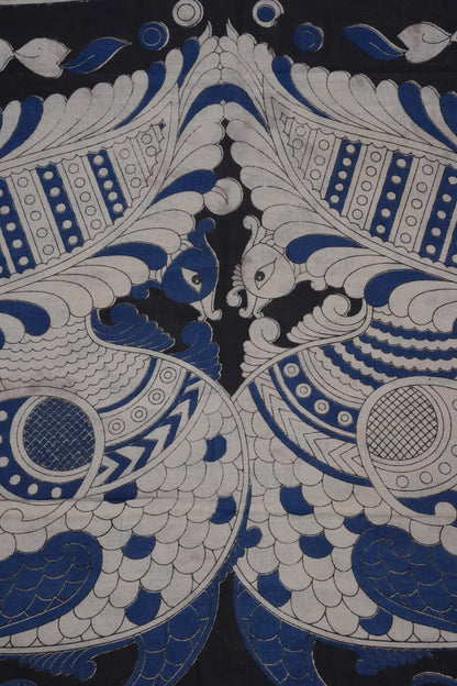 Pure Cotton Saree with Digital Kalamkari Prints – Ivory, Black & Royal Blue