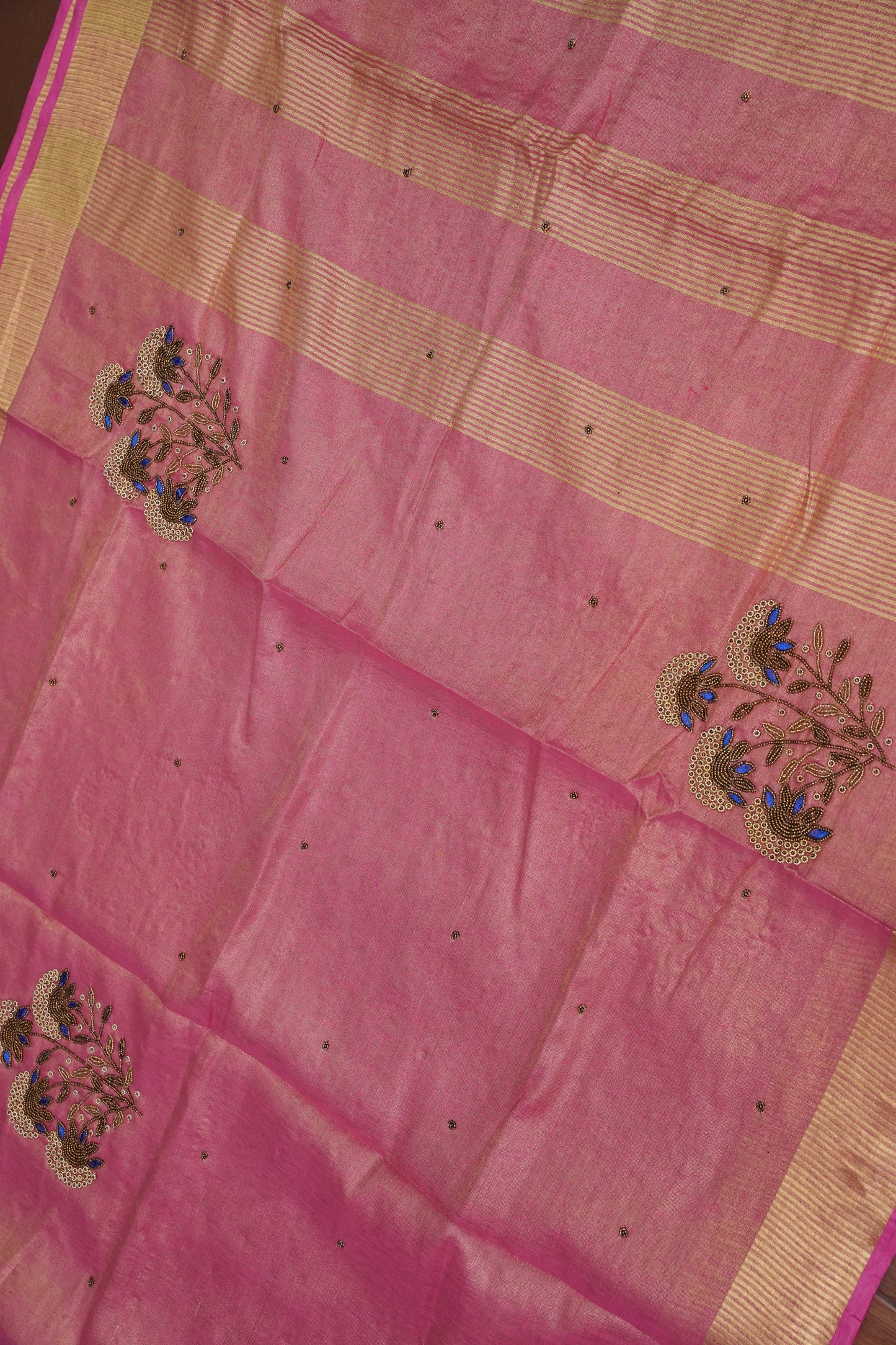 Hand Embroidered Pure Tissue Linen Silk Saree - Blush Pink