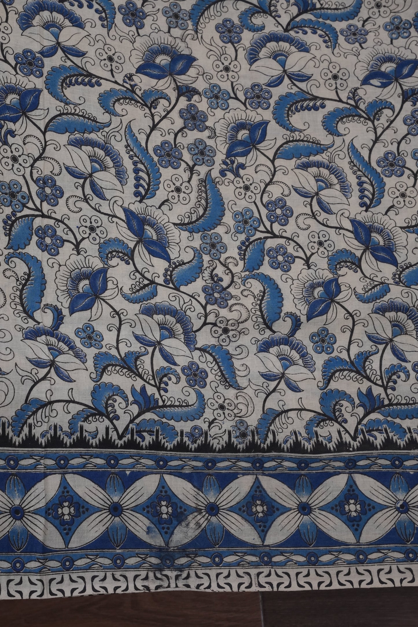 Pure Cotton Saree with Digital Kalamkari Prints – Ivory, Black & Royal Blue
