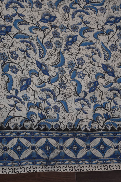 Pure Cotton Saree with Digital Kalamkari Prints – Ivory, Black & Royal Blue