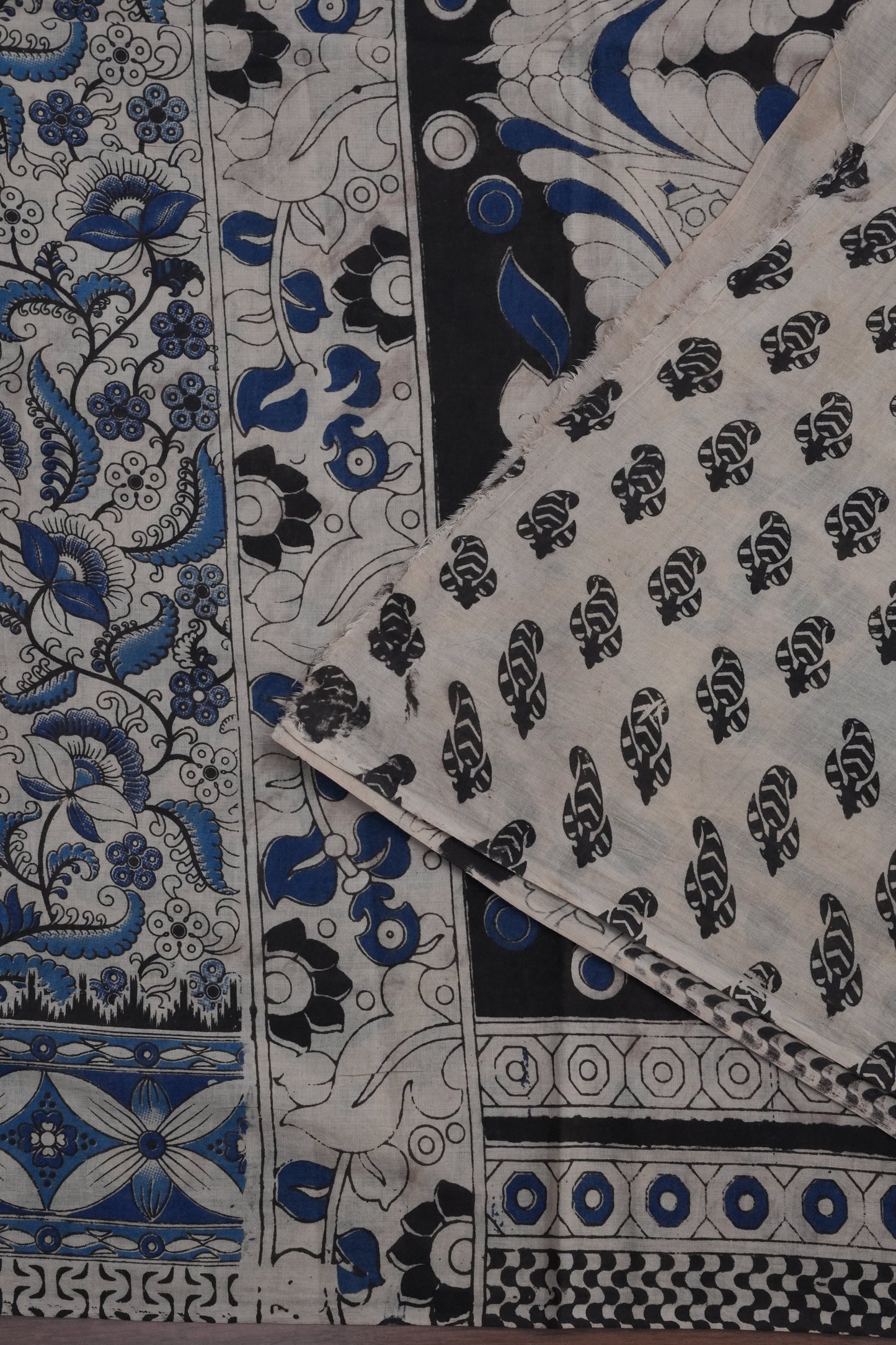 Pure Cotton Saree with Digital Kalamkari Prints – Ivory, Black & Royal Blue