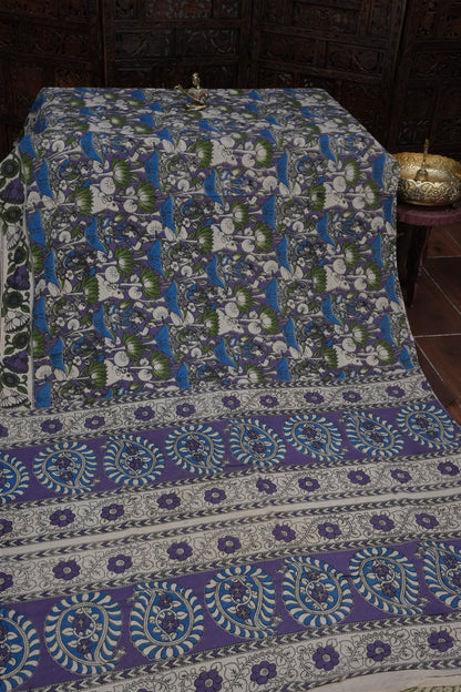 Pure Cotton Saree with Digital Kalamkari Prints – Royal Purple & Blue