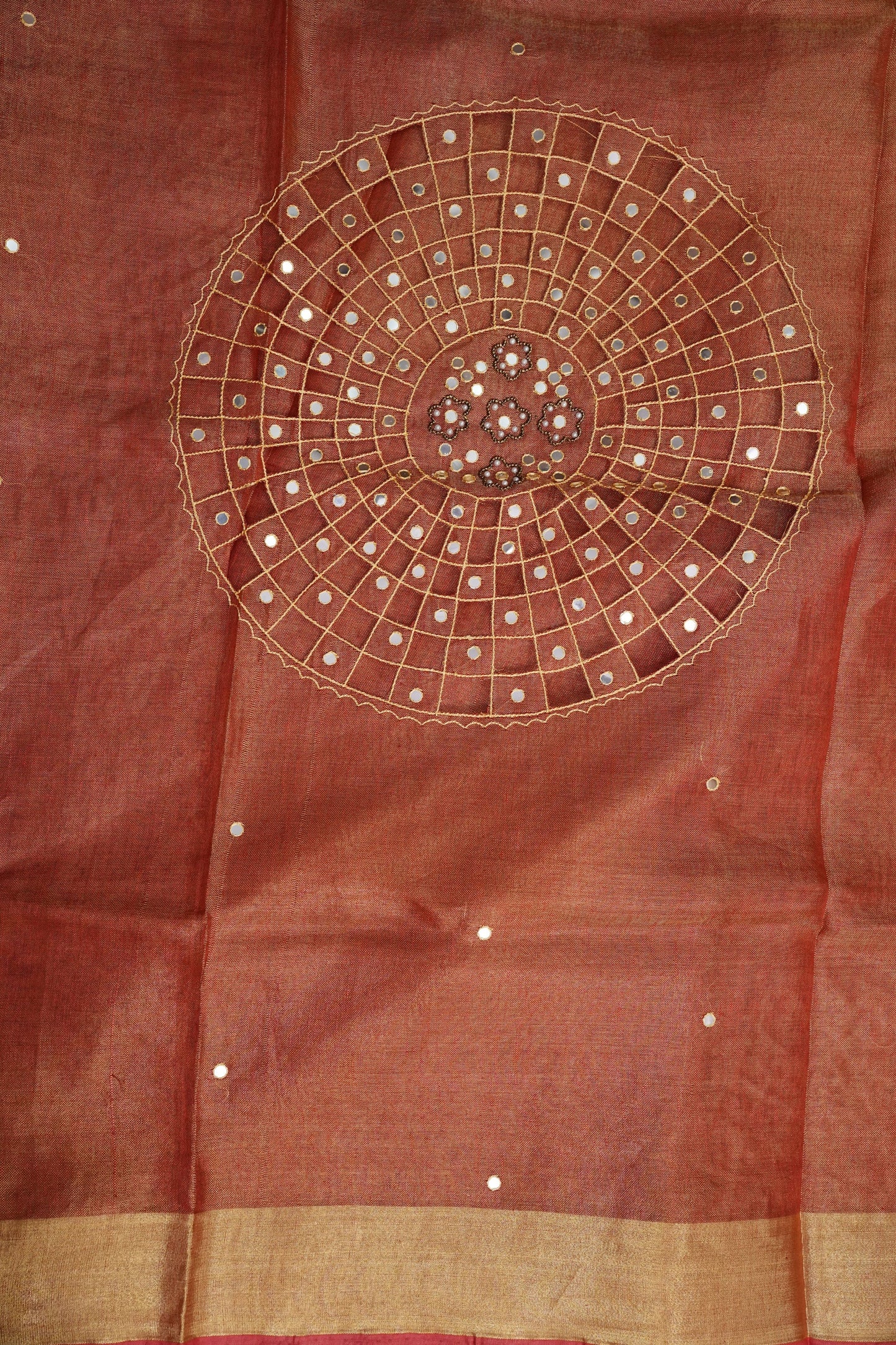 Hand Embroidered Pure Tissue Linen Silk Saree - Peach Orange