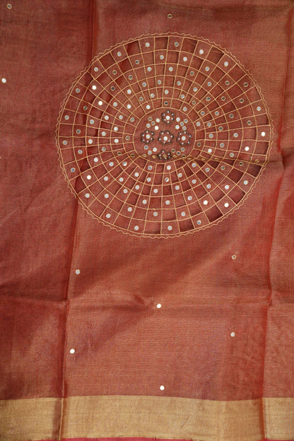 Hand Embroidered Pure Tissue Linen Silk Saree - Peach Orange
