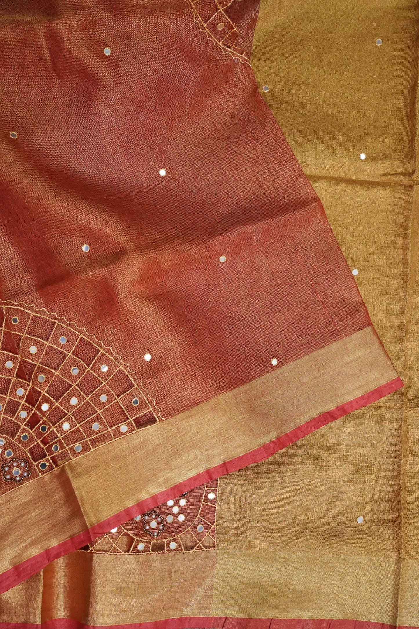 Hand Embroidered Pure Tissue Linen Silk Saree - Peach Orange