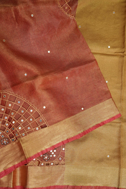 Hand Embroidered Pure Tissue Linen Silk Saree - Peach Orange