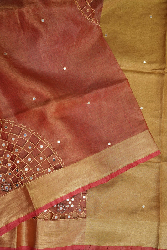 Hand Embroidered Pure Tissue Linen Silk Saree - Peach Orange
